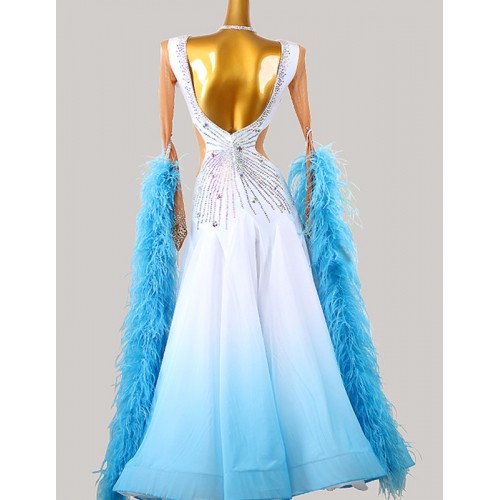 Custom size Turquoise blue with white gradient competition feather ballroom dancing dresses for women girls waltz tango foxtrot smooth dance long skirt for female